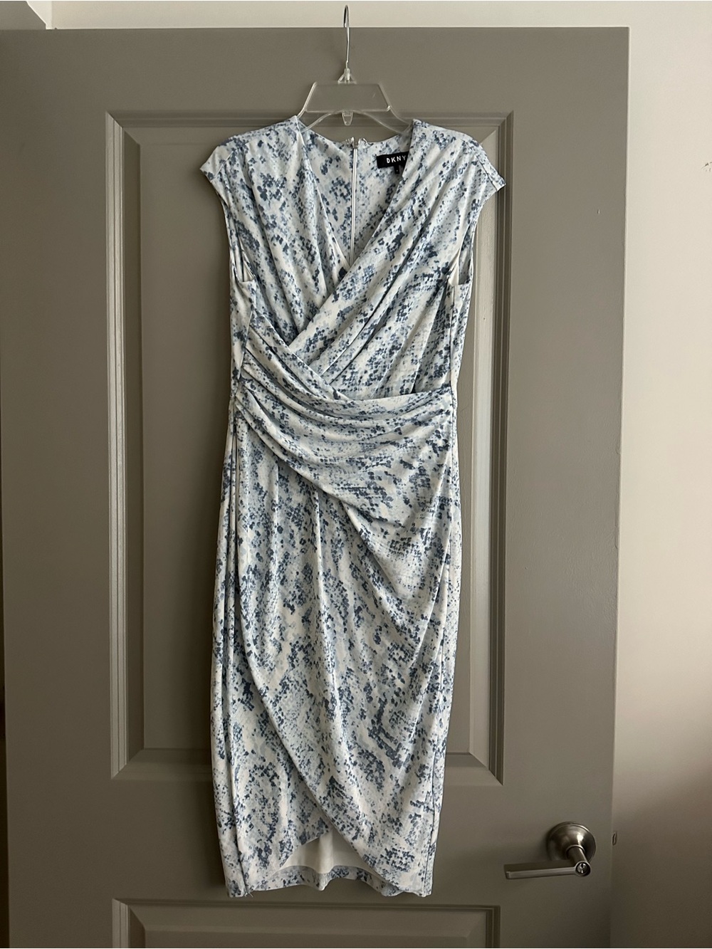 DKNY White and Blue Printed Faux-Wrap Midi Dress